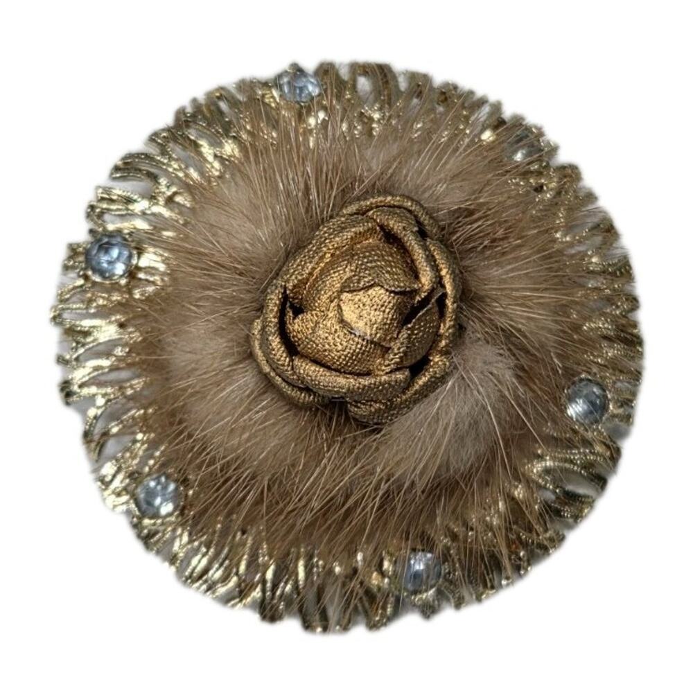 Vintage Mink Brooch Gold Rose MCM Blue Rhinestones